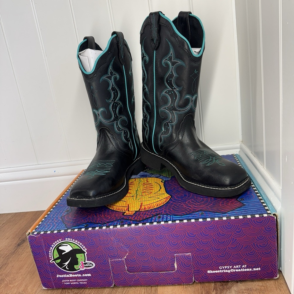 Justin Gypsy Cowgirl Boots L2902 Black Turquoise Square Toe Women's Sz 7.5B New